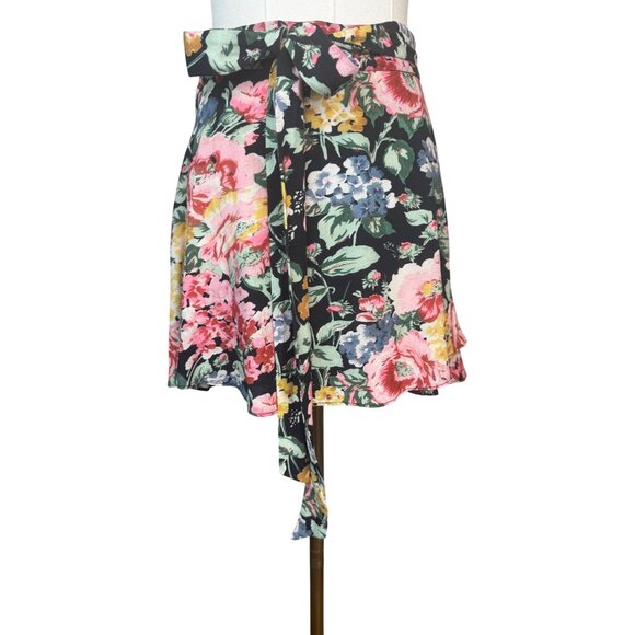 ZARA Medium Floral Skirt Black Floral Multicolor Tie At Waist - Picture 11 of 11